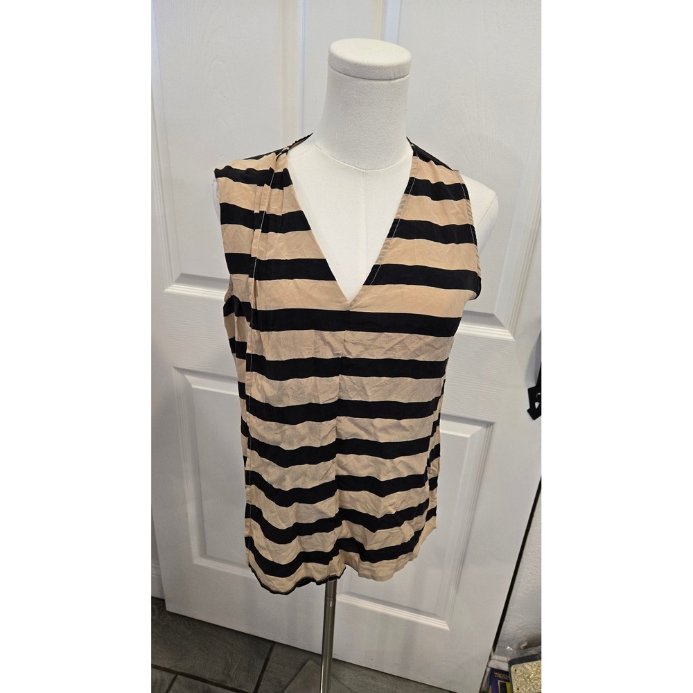 Brochu Walker Silk Striped V-Neck Sleeveless Blouse Tan Black Small